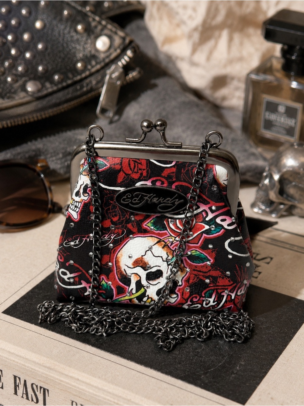 NWT Ed Hardy Skull Rose Rhinestone Coin Purse Crossbody